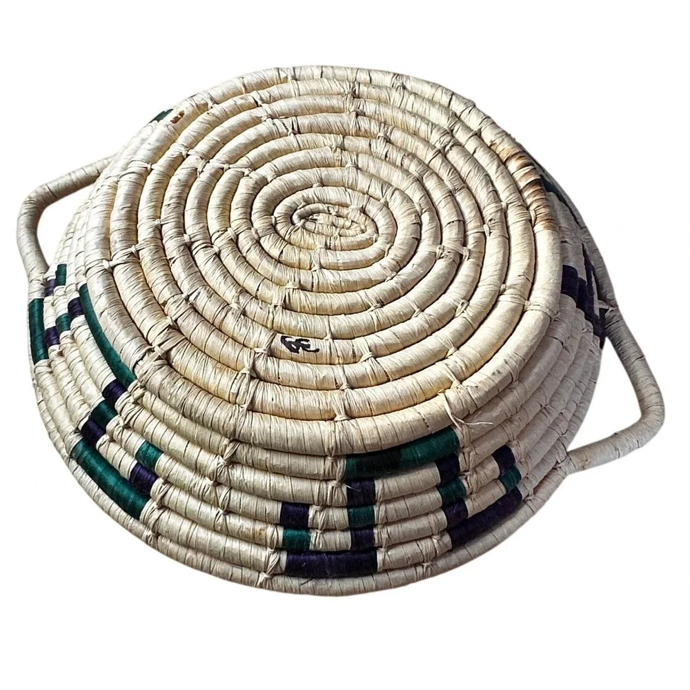 Handwoven Coiled Woven Straw Basket Tray Round Green Purple Geometric 15in